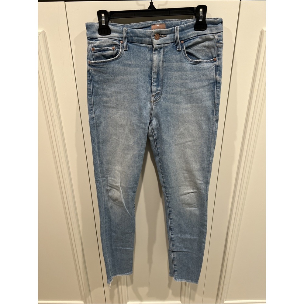 Mother High Waisted Looker Ankle Fray Jeans Blue Denim USA Made